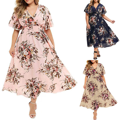 #ad Boho Women#x27;s Short Sleeve Floral Maxi Dress Party Cocktail Dress Plus Size XL 5X $14.74