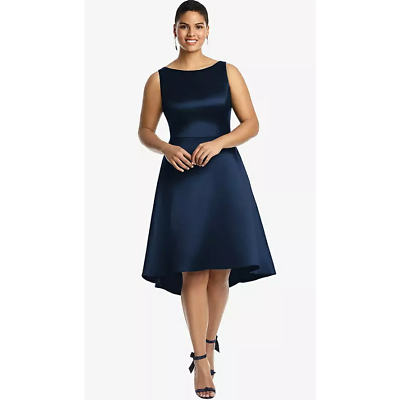 #ad ALFRED SUNG Cocktail Dress Size 18R Boatneck Satin Hi Low Midnight Blue NWOT $100.00