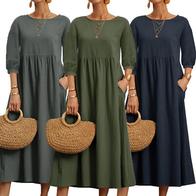 #ad Women Long Dresses Sundress Beachwear Cotton Linen Summer Solid Color Simple ▽ $22.20
