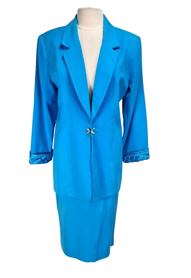 #ad Puncess Precious Collection Women Skirt Suit Size 14 Blue Button Up Long Top 66A $44.79