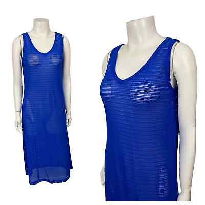#ad Vintage 1990s Blue Mesh Sheer Dress Swimsuit Beach Cover Up Small $19.00