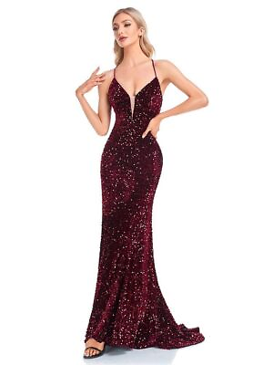 #ad Luxury Deep V Neck Burgundy Sequin Evening Dress Guest Wedding Party Maxi Dress $102.10
