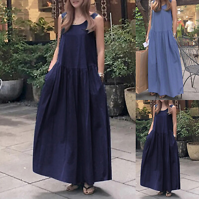 #ad Summer Plus Size Oversized V Neck Sleeveless Maxi Dress Boho Flowy Pure Color $34.37