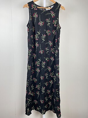 #ad Vintage 90s Studio Ease Black Floral Maxi Dress 100% Rayon Sleeveless Womens 12 $34.99