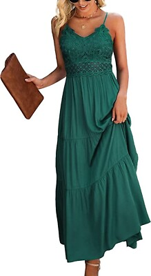 Dokuritu Women#x27;s Beach Crochet Lace Maxi Dress Summer Size L Emerald Green $34.99