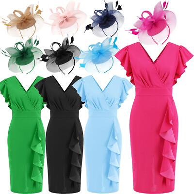 Women#x27;s Ruffle Short Sleeve Plunge V Neck Bodycon Dresses Cocktail Party Dresses $34.99