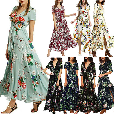 Womens Boho Dress Button up Split Floral Flowy Cocktail Party Long Maxi Dress $21.32