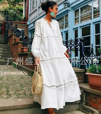 #ad Womens White Cotton Long Sleeve Bohemia Loose Dress Holiday Beach Skirt Long $77.64