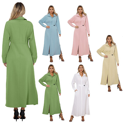 #ad Womens Long Sleeve Side Slits Maxi Dress Solid Color Shirt Dress with Pockets $7.98