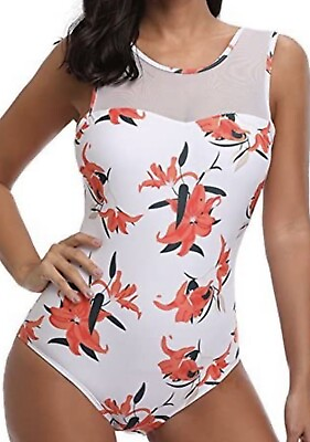 #ad White Orange Floral one piece Swimsuit Removable Padding $15.00
