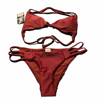 #ad Woman’s Shekini Strappy Bikini Medium Burgundy Cheeky Swimsuit Beach New $14.85