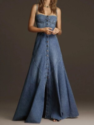 #ad Fashion Women Denim Tank Dress Vintage Square Collar Waisted Buttons Maxi Dress $57.79