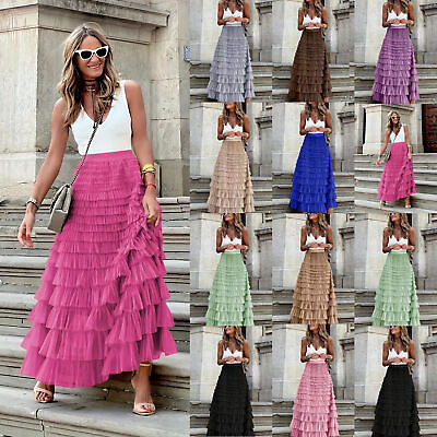 #ad Womens Elastic High Waist Mesh Tulle Tutu Skirt Layered Pleated Maxi Long Dress $23.78