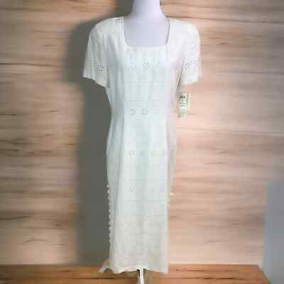 #ad Vintage Donna Ricco Size 12 Square Neck Linen Eyelet Long Maxi Dress White NEW $31.50