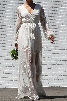 White Bohemian Peasant Belted Maxi Dress Embroidered Mesh Lace Balloon Sleeve M $59.46