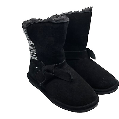 Bearpaw 13” Tall Women#x27;s Boots Black Suede Sheepskin Lined Size 10 Preowned $23.00