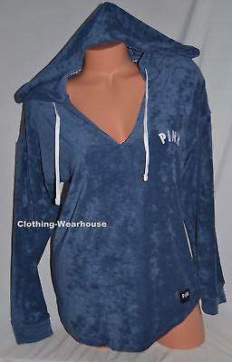 Victoria#x27;s Secret PINK Terry Beach V Neck Pullover Hoodie Blue White Logo XS NEW $39.96