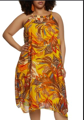 Mlle Gabrielle Plus Size 3X Tropical Print Shift Dress Sleeveless Summer Gold $13.99