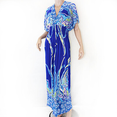 #ad Hots Wing Summer Plus Size Blue V Neck Boho Print Maxi Dress XXXL 3XL $79.99