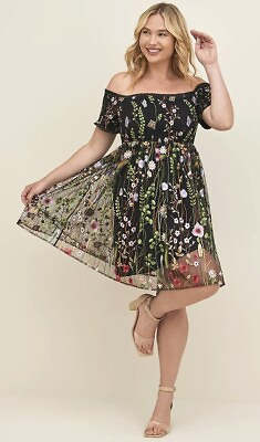 Plus Size 0X Torrid Black Floral Embroidery Smocked Cocktail Party Skater Dress $67.50