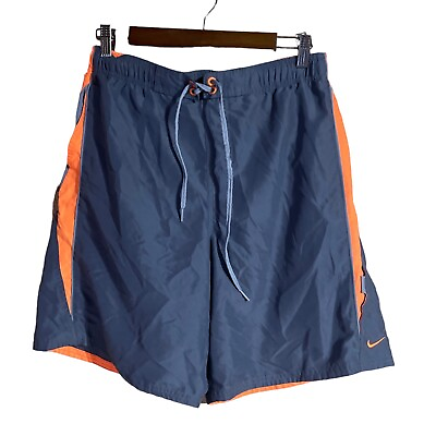 #ad Nike Swimsuit Men#x27;s Orange amp; Gray Lined Drawstring Swim Trunks Size Large $14.95