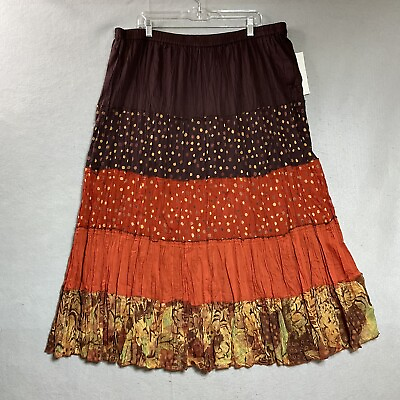 #ad Phool Skirt Women Plus 2X Brown Geometric Tiered Pull On Gauzy Flowy Maxi Boho $39.97
