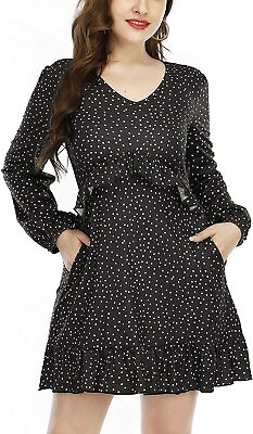 Women V Neck Ruffle Dress Cute Polka Dot A Line Boho Dresses BlackSize:XL $18.99