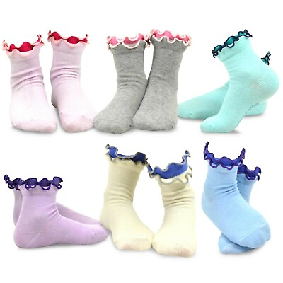 TeeHee Little Girls Cotton Double Ruffle Crew Socks 6 Pair Pack Solid Ruffle $9.99