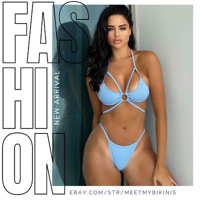 #ad Sexy Bikini set for Women Swimwear Swimsuit Blue Lace Up Bottom Bathing Suit $15.50