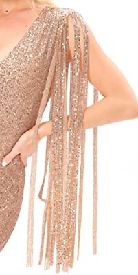 HI PARTY Women’s Deep V Sequin Glitter Tassel Sleeve Party Mini Dress Rose $23.49