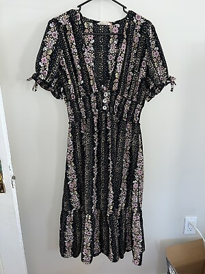 #ad Indulge Women’s Black Floral V Neck Smocked Maxi Dress Size 1X $25.00
