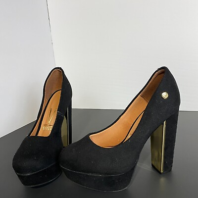 Vizzano Womens Heel 5 Black Gold Leather Camurca Flex Pumps Platform Casual $29.95