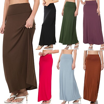 Women#x27;s Maxi Skirt Long Full Length High Waisted Stretch Fold Over Waist Solid $16.99