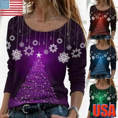 Plus Size Women Christmas Print Long Sleeve Tops Casual Loose Shirt Pullover Tee $14.24