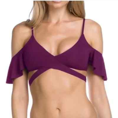 #ad Becca Off the Shoulder Sleeves Cross Design Purple Swimsuit Bikini Top Sz M NEW $38.00