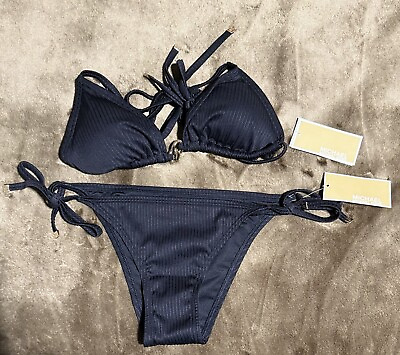 #ad Michael Kors Bikini Women Radiant Chain Black Ribbed set size Small $50.00