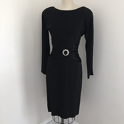 #ad #ad Vintage 80#x27;s Albert Nipon Cocktail Dress Black Long Sleeve Ruched Rhinestone 4 $169.00