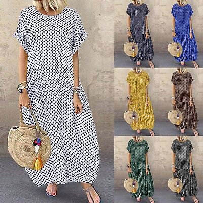 #ad Plus Size Women Polka Dot Round Neck Long Dress Baggy Kaftan Maxi Dress Sundress $24.75