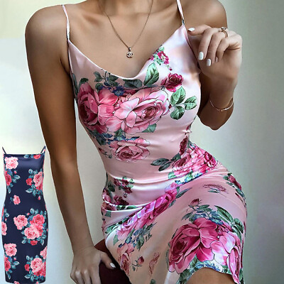 Women Casual Floral Flower Print Silk Mini Sling Dress Summer Cocktail Party $16.99