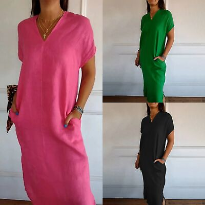 #ad Women V Neck Short Sleeve Casual Shirt Maxi Long Dress Ladies Beach Solid Dress $21.89