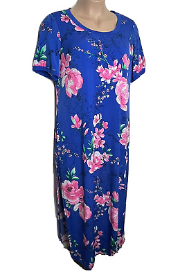 #ad G I L I Floral Maxi Dress Short Sleeve Side Slit Stretch Knit 1X Blue and Pink $20.47