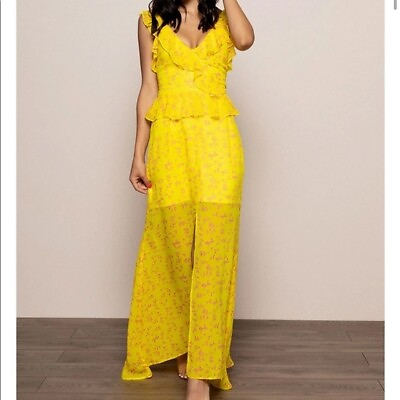Karina Grimaldi yellow floral print ruffle peplum slit leg Luna maxi dress M $94.99