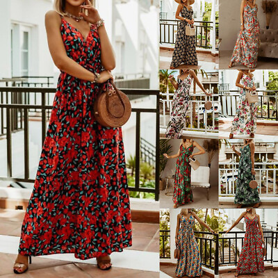 #ad Women Boho Floral Sleeveless Maxi Dress Lady Sexy V Neck Beach Holiday Sundress $21.70