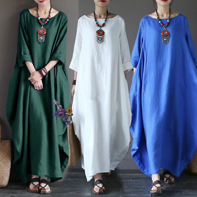 #ad Women#x27;s Linen Cotton Kaftan Batwing Loose thin Long Maxi Shirt Dress Robes Top $18.39