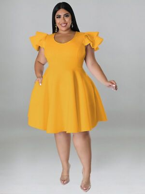 Plus Size Dresses for Women Elegant Party Solid Ruffles Sleeve Big Hem Dress $26.22