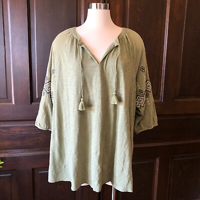 #ad J Jill Green Peasant Tunic Top Embroidered 3 4 Sleeves Cotton Boho Tassel Tie XL $29.99