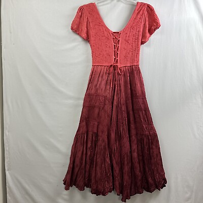 #ad Just Cruising Dress FREE SIZE Peasant Corset Coral Embroidered Lace Boho Ombre $18.70