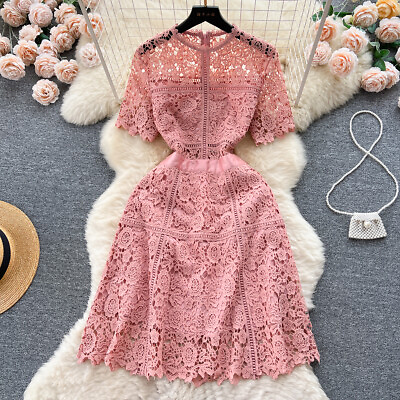 #ad Womens Elegant Hollow Out Floral Lace Short Sleeves Slim Fit Summer Party Dress $48.75