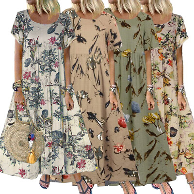 Womens Plus Size Short Sleeve Summer Floral Boho Maxi Dress Kaftan Long Sundress $16.19