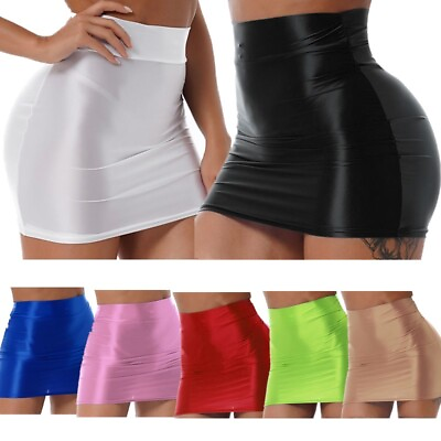 #ad US Women#x27;s Pencil Glossy Bodycon Skinny Mini Skirts Solid Hip Short Club Skirt $5.49